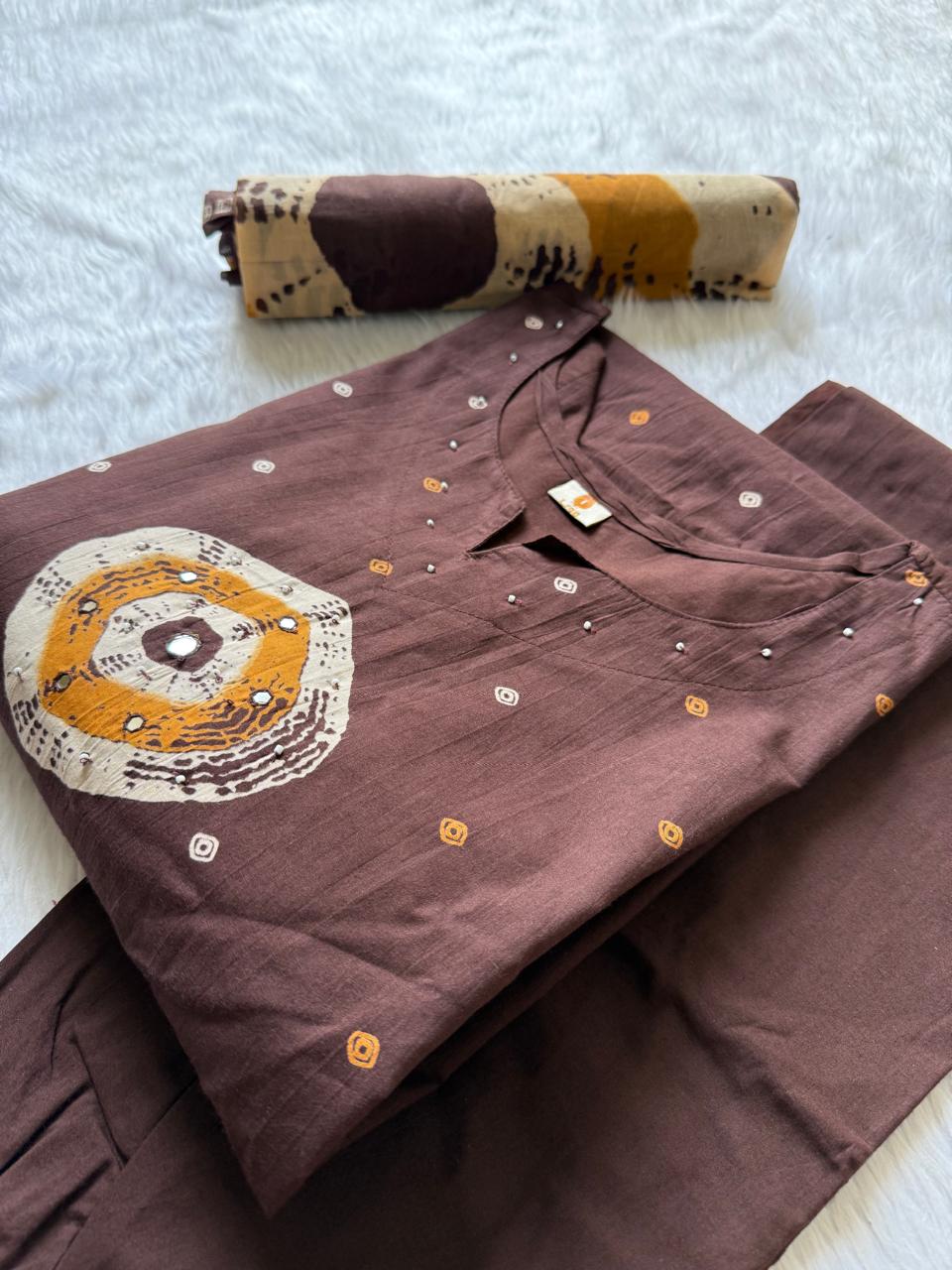 Brown Bandhej Print Cotton Kurti Palazzo & Dupatta Set