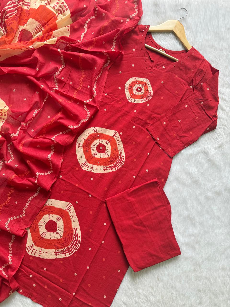 Red Bandhej Print Cotton Kurti Palazzo & Dupatta Set