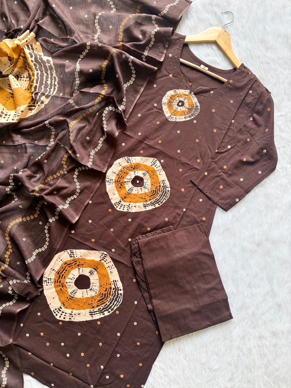 Brown Bandhej Print Cotton Kurti Palazzo & Dupatta Set