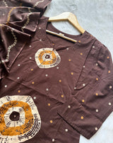 Brown Bandhej Print Cotton Kurti Palazzo & Dupatta Set