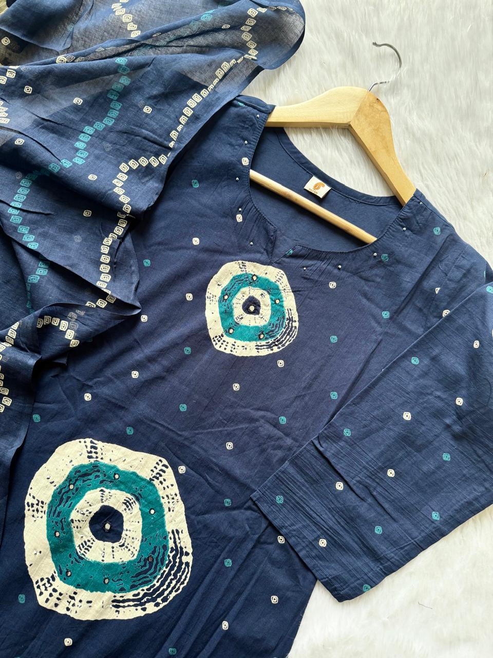 Navy Blue Bandhej Print Cotton KurtiPalazzo & Dupatta Set