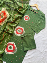 Green Bandhej Print Cotton Kurti Palazzo & Dupatta Set