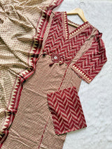 Maroon Printed Cotton Kurti Pant & Dupatta Set
