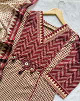 Maroon Printed Cotton Kurti Pant & Dupatta Set