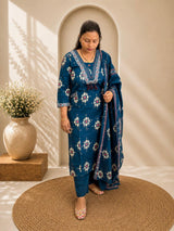 Embroidered V-Neck Cotton Kurti Pant & Printed Dupatta Set - Steel Blue
