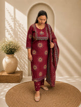 Mirror Work Yoke Kurti Pant & Printed Dupatta Set - Maroon