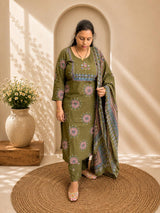 Mirror Work Yoke Kurti Pant & Printed Dupatta Set - Olive Green