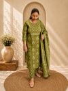 Floral Printed Kurti Pant & Dupatta Set with Mirror Work Yoke - Olive Green