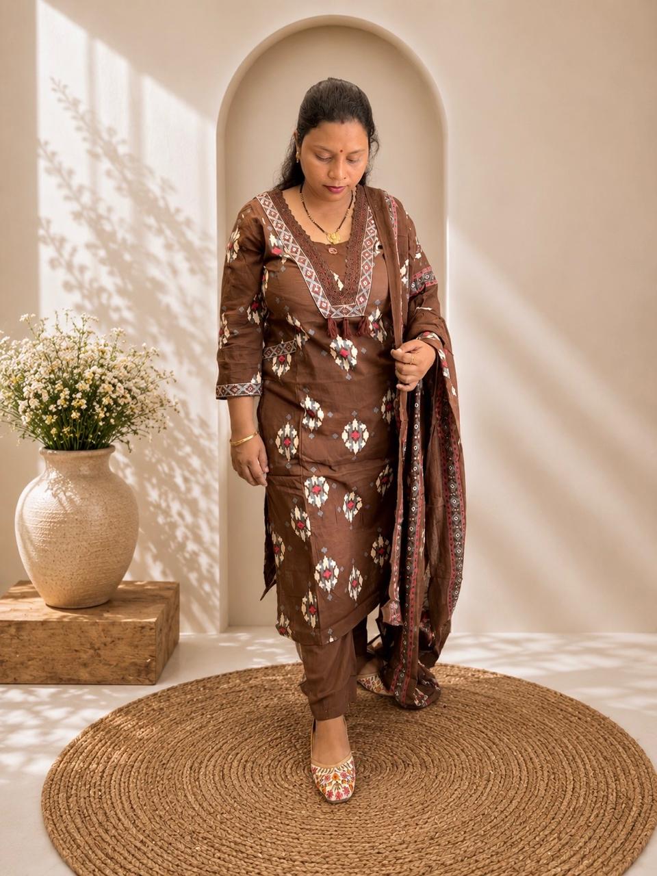 Embroidered V-Neck Cotton Kurti Pant & Printed Dupatta Set - Chocolate Brown