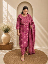 Floral Printed Kurti Pant & Dupatta Set with Mirror Work Yoke - Wine