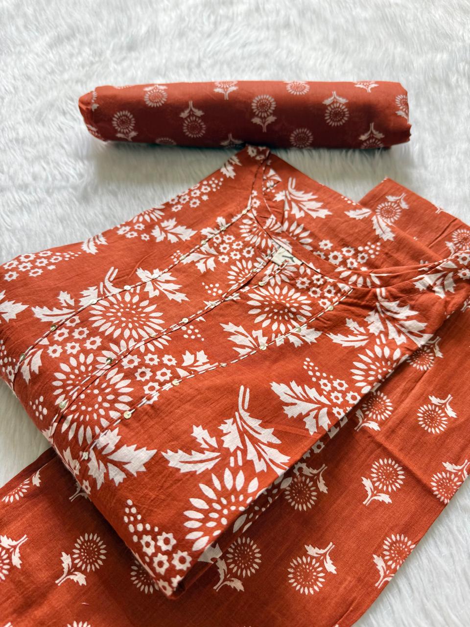 Rust Orange Floral Printed Cotton Kurti Pant Dupatta Set