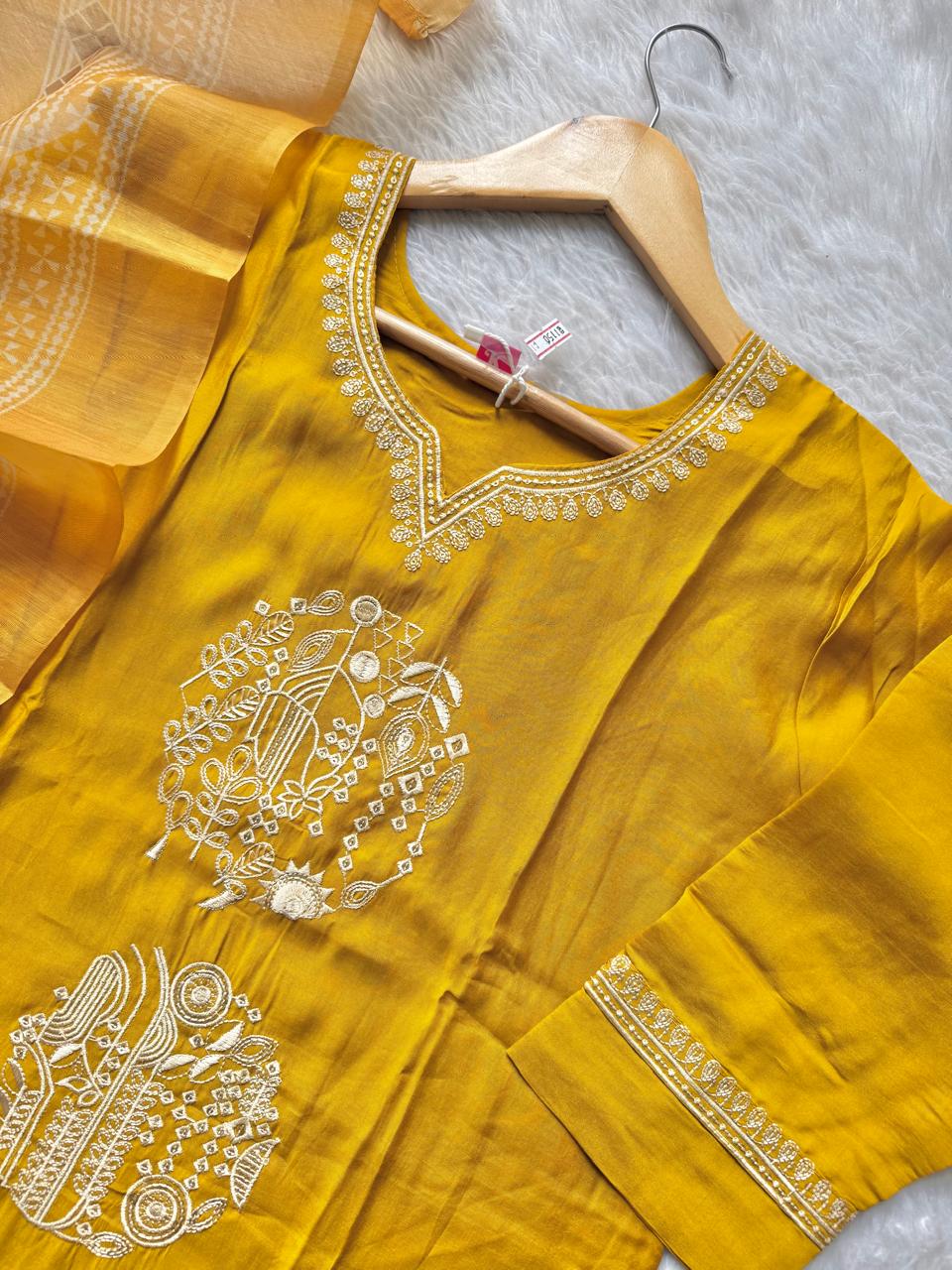 Mustard Roman Silk Embroidered Kurti Pant & Dupatta Set