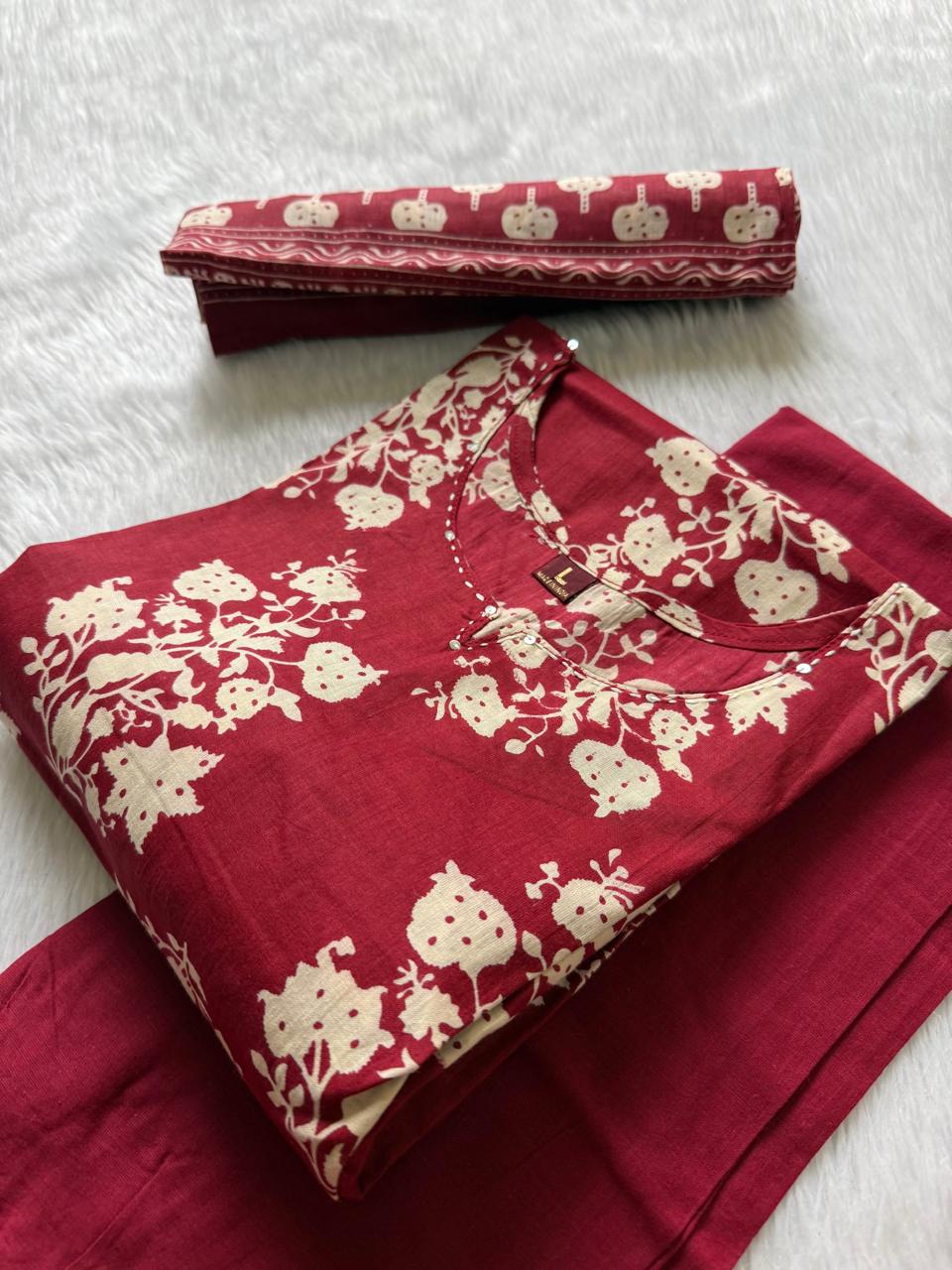Maroon Floral Print Cotton Kurta Set with Pants and Matching Dupatta