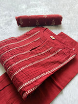 Maroon Red Printed Cotton A-Line Kurti Set with Embroidery, Pintucks Yoke, Palazzo Pants & Dupatta