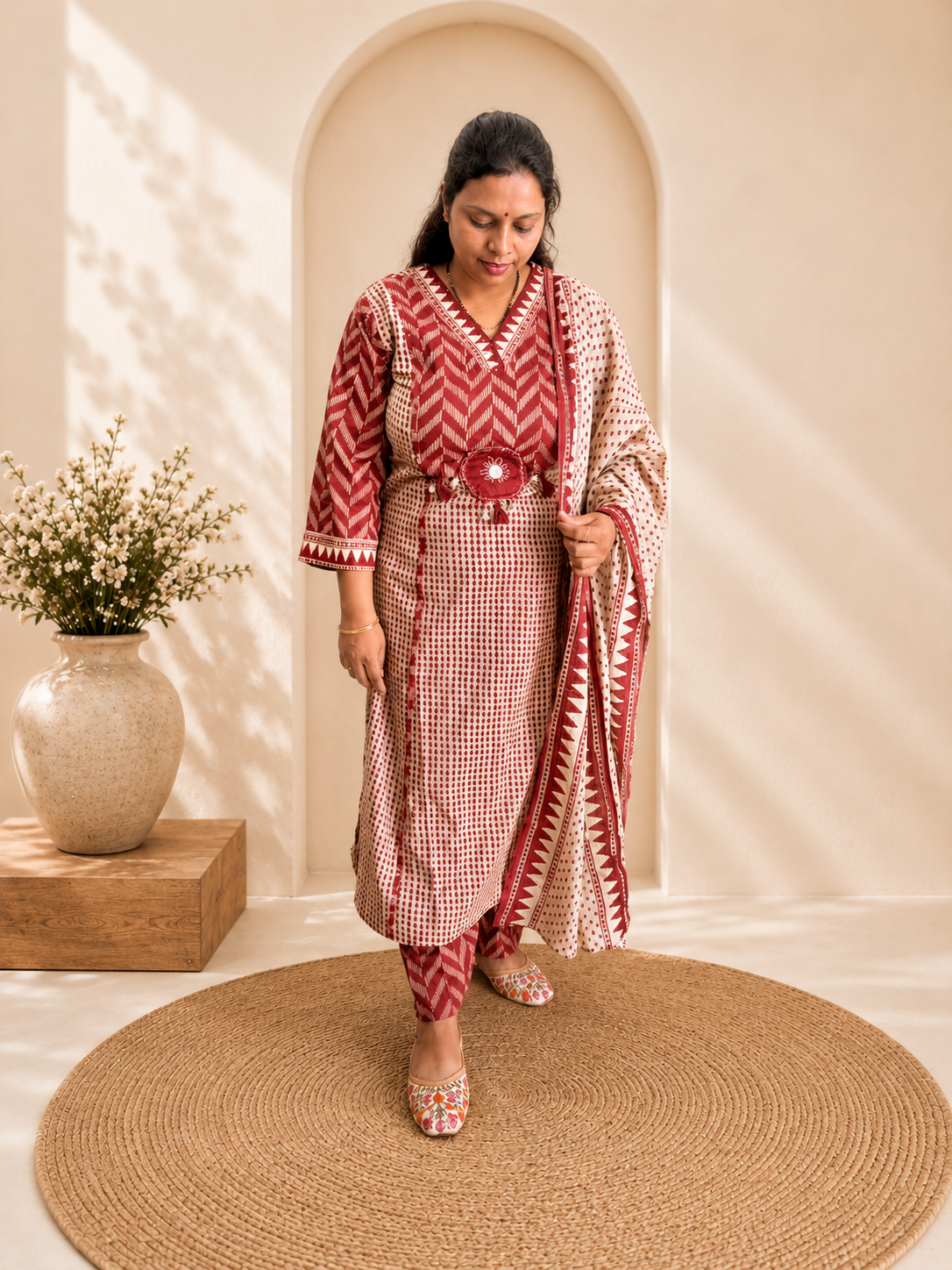 Maroon Printed Cotton Kurti Pant & Dupatta Set