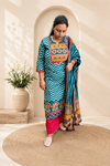 Teal Chevron Print Cotton Kurti Palazzo & Dupatta Set