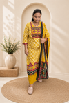 Mustard Yellow Chevron Print Cotton Kurti Palazzo & Dupatta Set