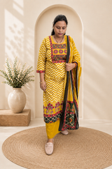 Mustard Yellow Chevron Print Cotton Kurti Palazzo & Dupatta Set