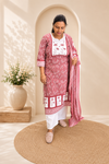 Pink Floral Printed Cotton Kurti Palazzo & Dupatta Set