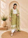 Olive Green Printed Cotton Kurti Palazzo & Dupatta Set
