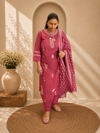 Wine Pink Cotton Embroidered Kurta Pant with Printed Dupatta Set