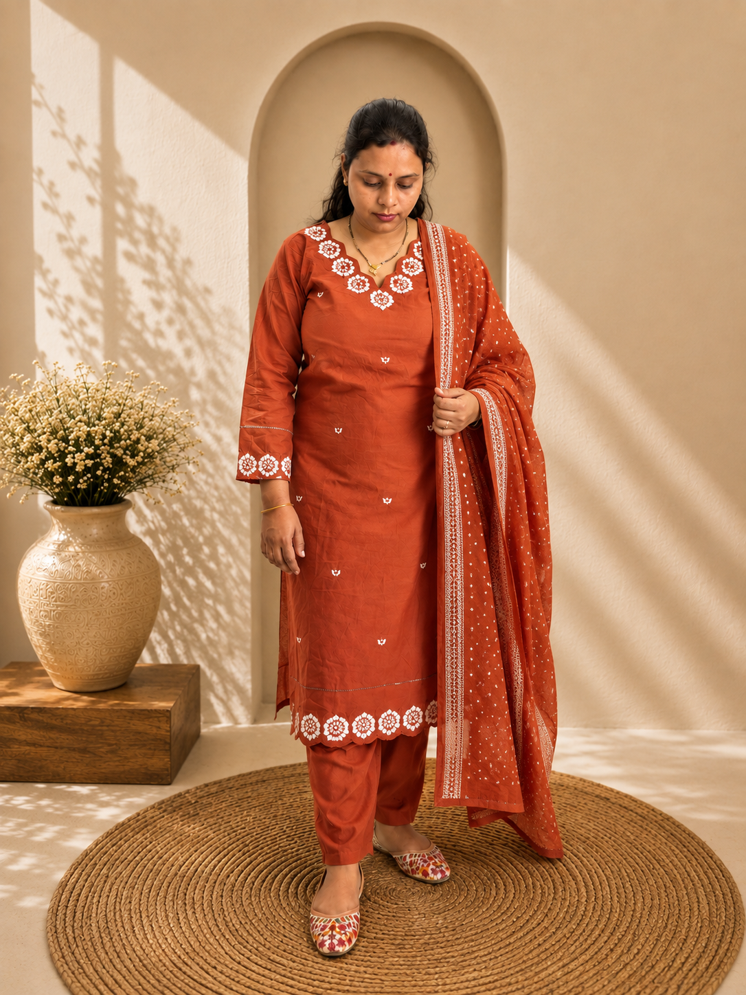 Rust Orange Cotton Embroidered Kurta Pant with Dupatta Set for Women