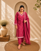Wine Cotton Embroidered Kurta Pant with Dupatta Set for Women