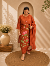 Rust Orange Embroidered Cotton Kurti Pant Dupatta Set