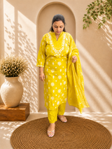 Yellow Cotton Embroidered Kurta Pant with Printed Dupatta Set for Women