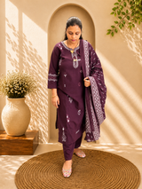 Wine Embroidered Cotton Kurta Pant & Dupatta Set
