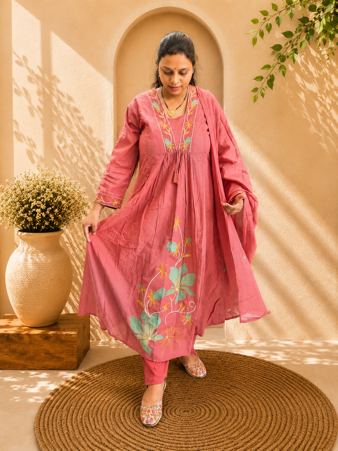 Rose Pink Cotton Embroidered Umbrella Kurta Pant with Dupatta Set