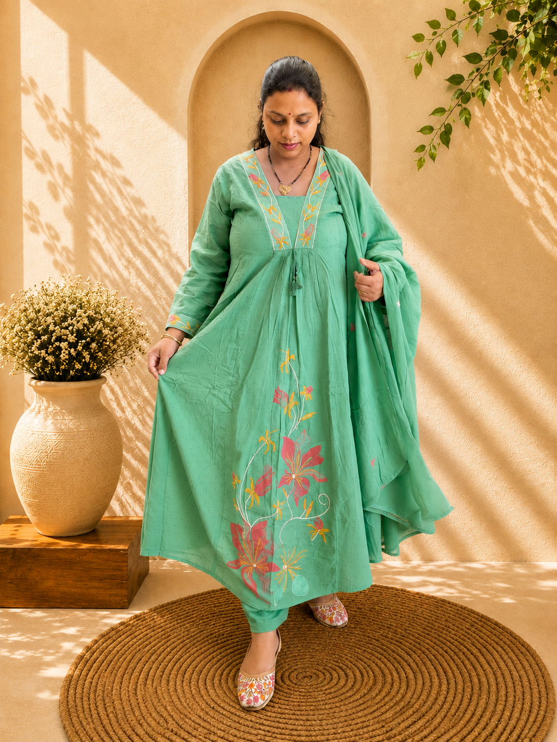 Pista Green Cotton Embroidered Umbrella Kurta Pant with Embroidered Dupatta Set