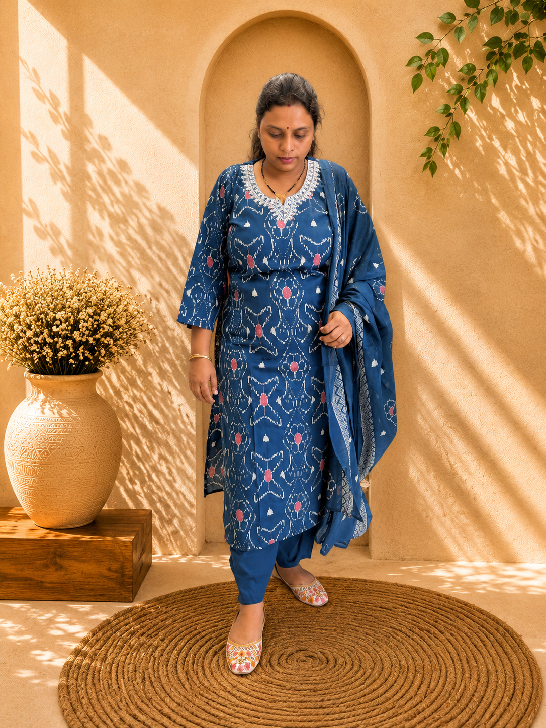 Teal Blue Ikat Print Mul Cotton Kurta Set with Embroidered Neckline, Pants & Dupatta