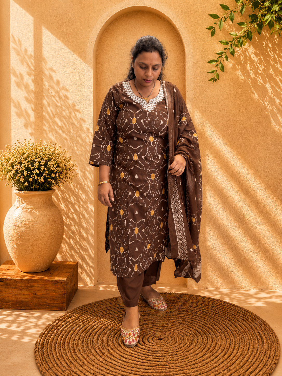 Chocolate Brown Ikat Print Mul Cotton Kurta Set with Embroidered Neckline, Pants & Dupatta
