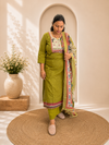 Olive Green Cotton KurtiPalazzo & Printed Dupatta Set for Women