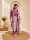 Mauve & Beige Printed Cotton Kurti Pant & Dupatta Set