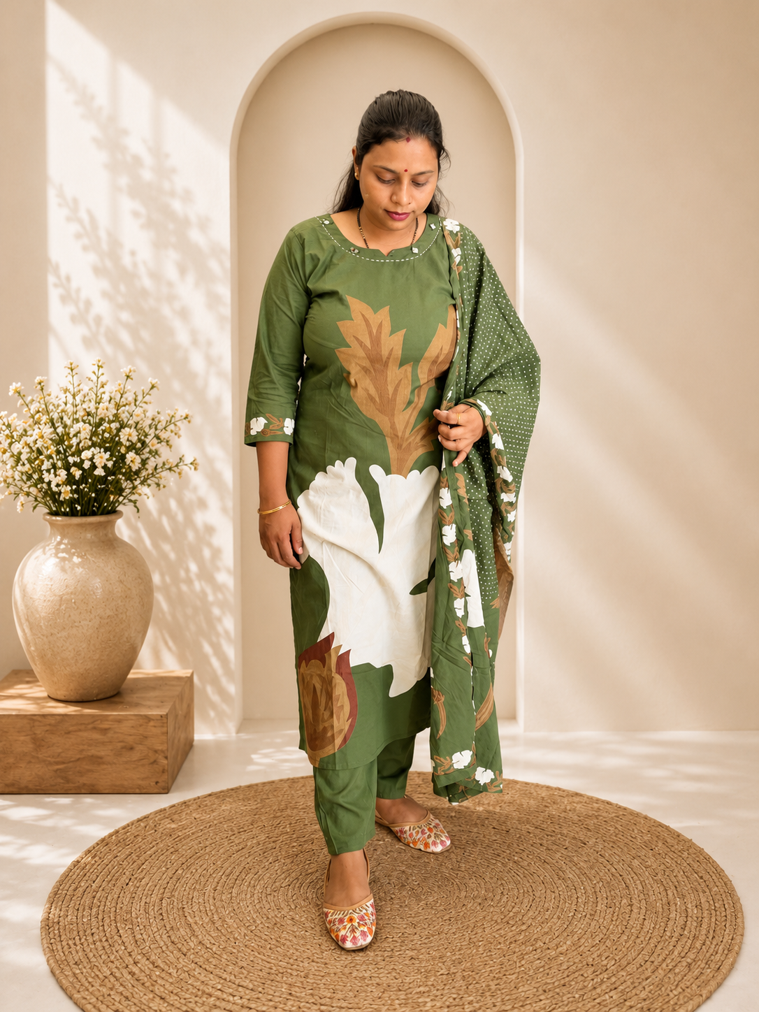 Olive Green Digital Printed Cotton Kurti Pant & Digital Print Stole Dupatta Set