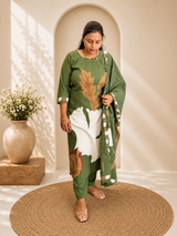 Olive Green Digital Printed Cotton Kurti Pant & Digital Print Stole Dupatta Set
