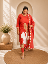 Coral Orange Digital Printed Cotton Kurti, Pant & Digital Print Stole Dupatta Set