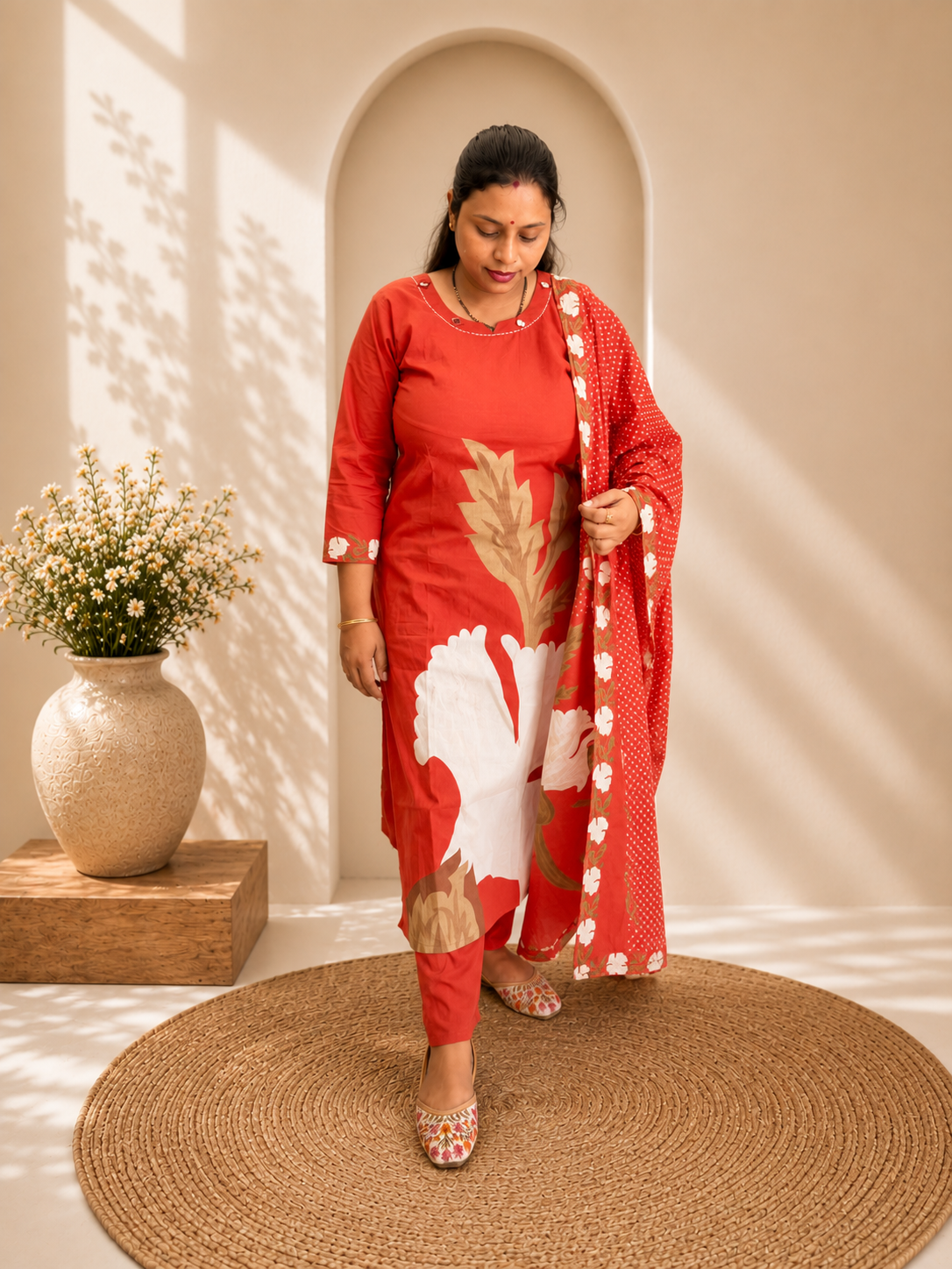Coral Orange Digital Printed Cotton Kurti, Pant & Digital Print Stole Dupatta Set
