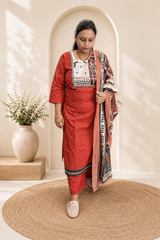 Red Cotton Kurti Palazzo & Printed Dupatta Set