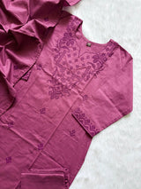 Mauve Embroidered Cotton Kurti Pant Dupatta Set