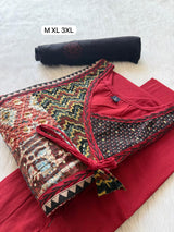 Patch Neckline Angrakha Style Cotton Kurti Pant & Block Printed Dupatta Set - Wine Red