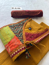 Patch Neckline Angrakha Style Cotton Kurti Pant & Block Printed Dupatta Set - Mustard Yellow