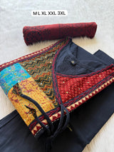 Patch Neckline Angrakha Style Cotton Kurti Pant & Rust Block Printed Dupatta Set - Navy Blue