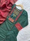 Patch & Thread Work Yoke Cotton Kurti Pant & Maroon Block Print Dupatta Set - Teal Green