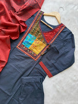 Patch Neckline Angrakha Style Cotton Kurti Pant & Rust Block Printed Dupatta Set - Navy Blue