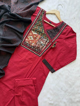 Patch Neckline Angrakha Style Cotton Kurti Pant & Block Printed Dupatta Set - Wine Red