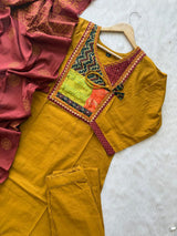 Patch Neckline Angrakha Style Cotton Kurti Pant & Block Printed Dupatta Set - Mustard Yellow
