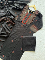 Straight Cotton Kurti Pant Dupatta Set - Black